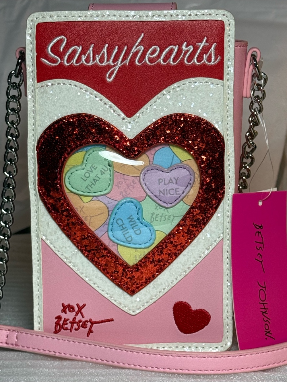 NWT Betsey Johnson XOX SWEETS Sassy Hearts Glitter Candy Heart Crossbody Bag